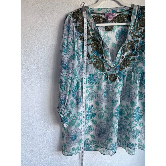 Calypso St Barth 100% Silk Semi Sheer Floral Embroidered Popover Blouse Small - Picture 10 of 13